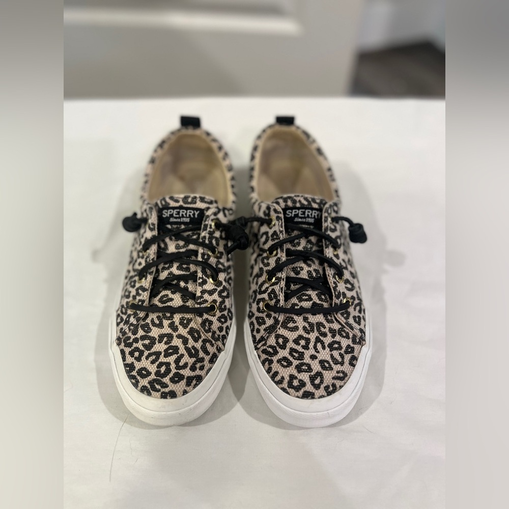 Sperry Leopard Canvas Lace-Up Sneakers - Black & Tan Size 7.5